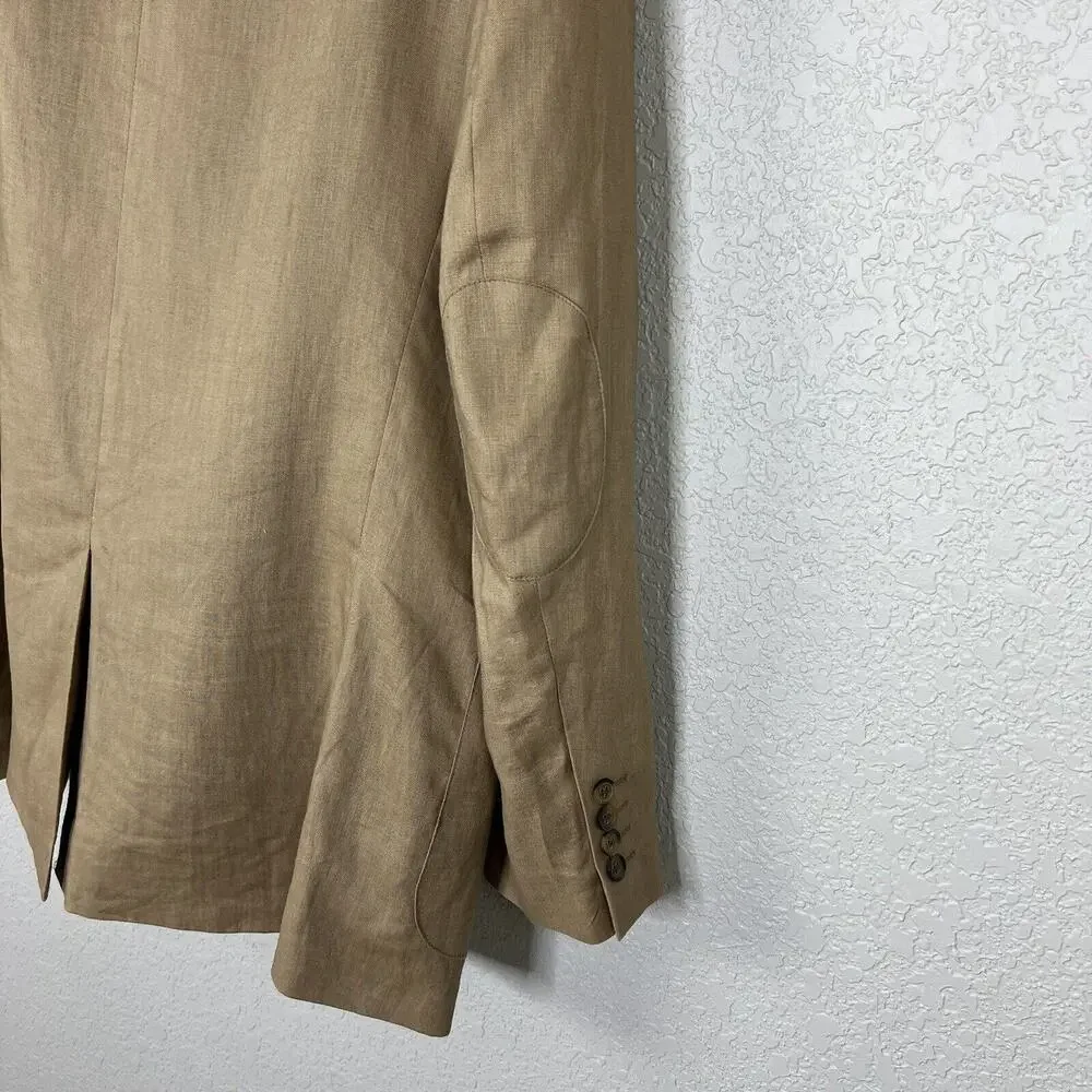 Tasso Elba Island Mens XL 45-47 Linen Sport Coat Elbow Patches Beige Tan